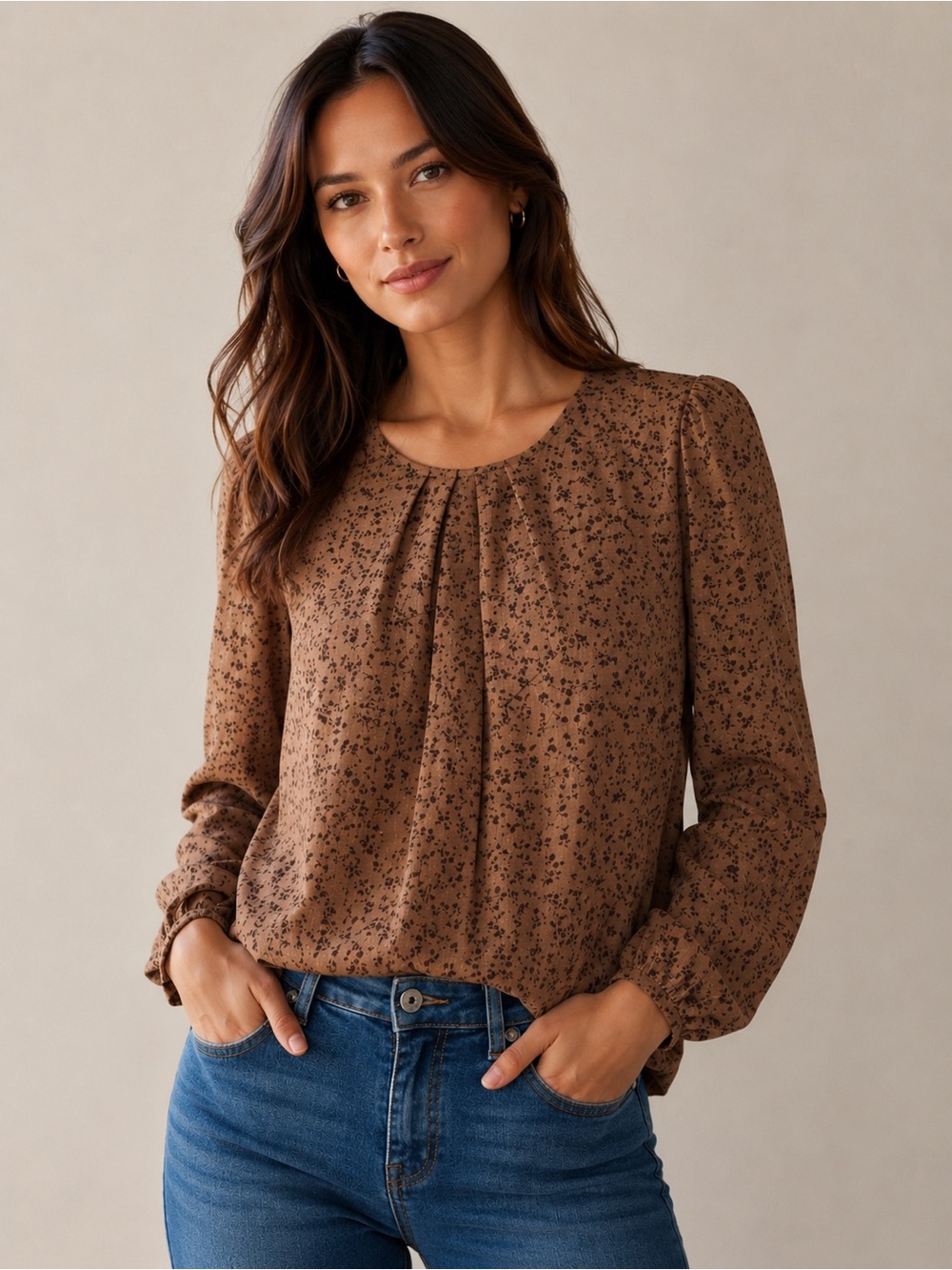 OAK + FORT Floral Tan Blouse SZ XS